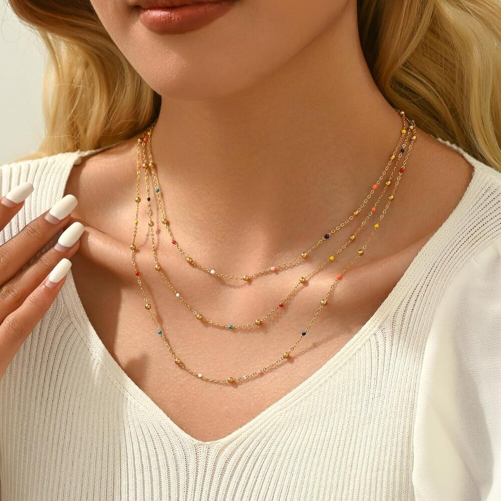 Gold Chain Necklace for Women Dainty 18K Gold Plated Thin Satellite Beaded Turqu - Picture 3 of 7